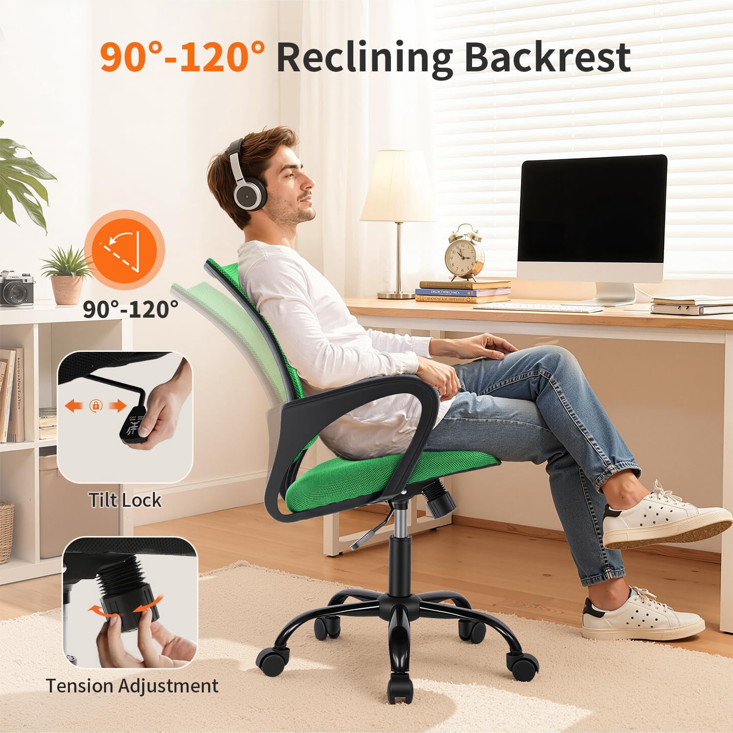 BestOffice Ergonomic Office Chair, Lumbar Support, Adjustable Height with Armrests for Adults(Green)