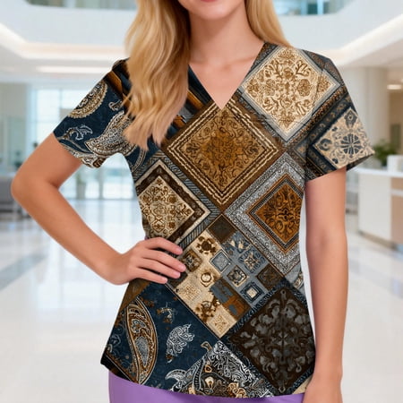 Iaqnaocc Scrubs for Women Funny Vintage Floral Print Nursing Uniform Fashion V Neck Side Slits Scrub Tops Holiday Short Sleeve Medical Workwear with 3 Pockets Light Brown 2XL
