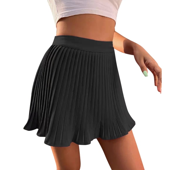 Women's Summer Empire Waist Ruffle Tiered Pleated Mini Skirt Solid Color A Line Beach Cute Skirt Rave Mesh Long Sleeve Dress plus Size Hoop 3x And Dress Anime Clothes Skirts Two Black M