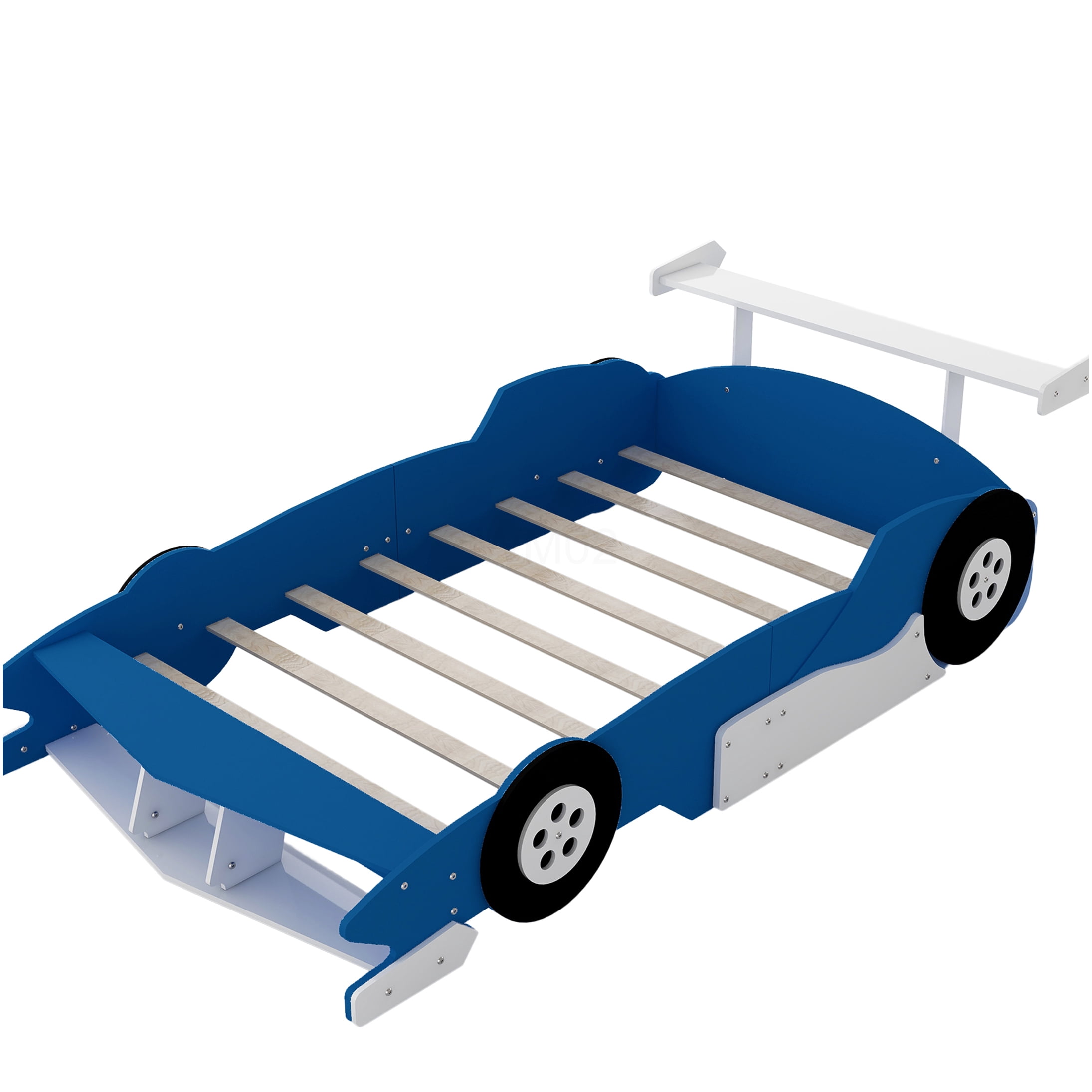 Full Size Race Car Bed with Wheels, Low Profile Platform Frame, Blue Finish, Easy Assembly