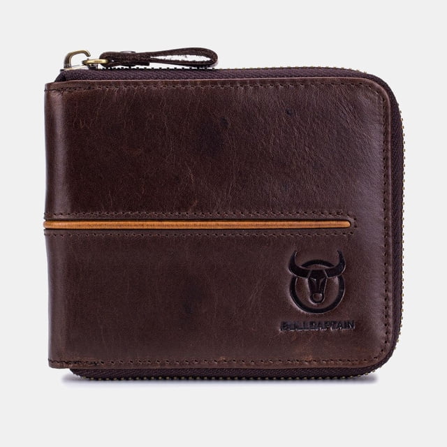 Ciaoed Men Genuine Leather Thick Wallet Multi-Card Card Holder Zipper Wallet - Coffee