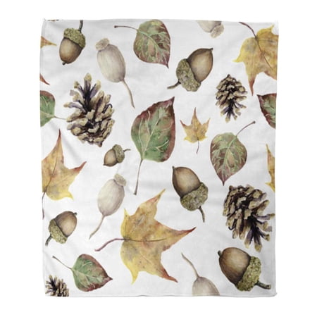 SIDONKU Throw Blanket Warm Cozy Print Flannel Watercolor Autumn Forest Hand Pine Cone Acorn Berry and Yellow Green Fall Comfortable Soft for Bed Sofa and Couch 50x60 Inches