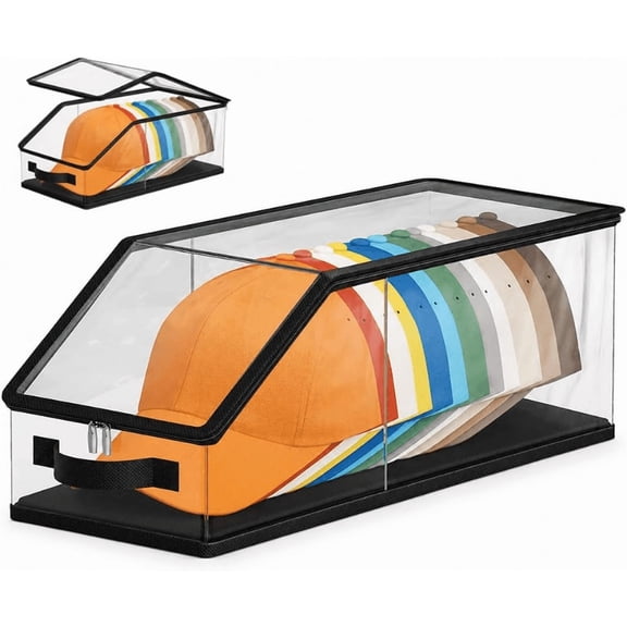 Clear Flip-Top Hat Storage Bin with Zipper Closure, Multi-Cap Display Organizer Box, Stackable Dust Proof Cap Holder for Baseball Caps Snapback Hats Bedroom Closet Decor