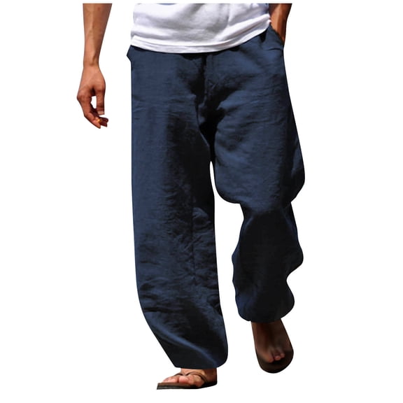 Hrsba Mens Lightweight Sweatpants,Solid Color Elastic Waist Drawstring Multi Pocket Straight Leg Linen Like Summer Long Pants