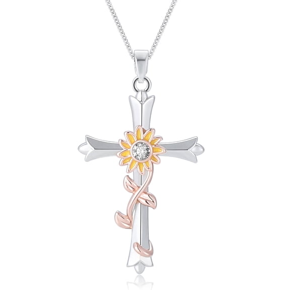 AWAYTR Imitation Silver Plated Alloy Cross Necklace for Women, Dainty Faith Cross Pendant with Floral Rhinestone Charm, Religious Jewelry Gift