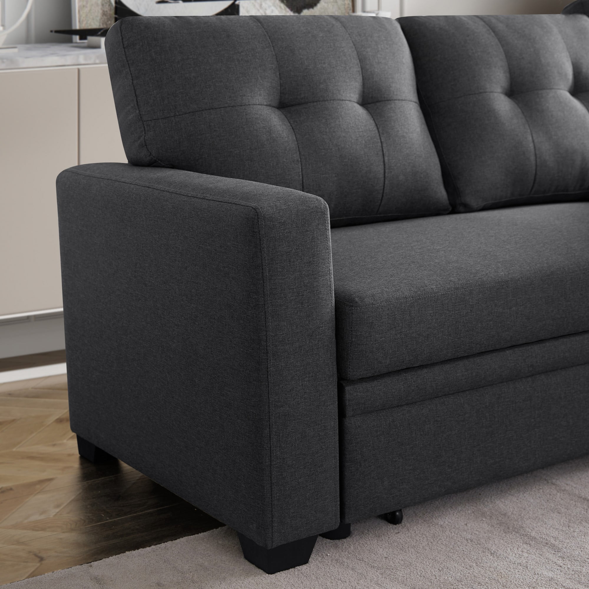 BSHTI 82" 3-Seat Linen Pull Out Sectional Sleeper Sofa with Storage Chaise, Removable Back Cushions for Living Room（Dark Gray）