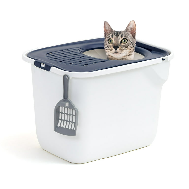 fritid Walter Cunningham vil beslutte IRIS USA, Square Top White Entry Cat Litter Box with Navy Sand Catching  Grooved Lid - Walmart.com