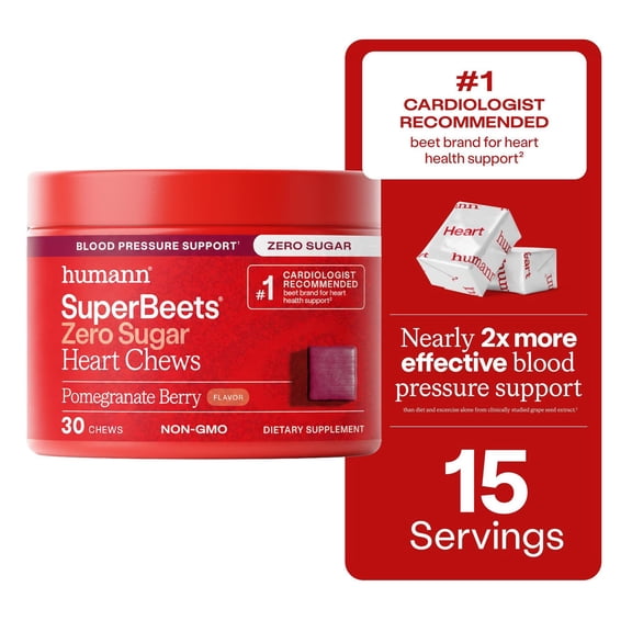Humann SuperBeets Zero Sugar Heart Chews Blood Pressure Support, Pomegranate Berry Flavor, 30 Count
