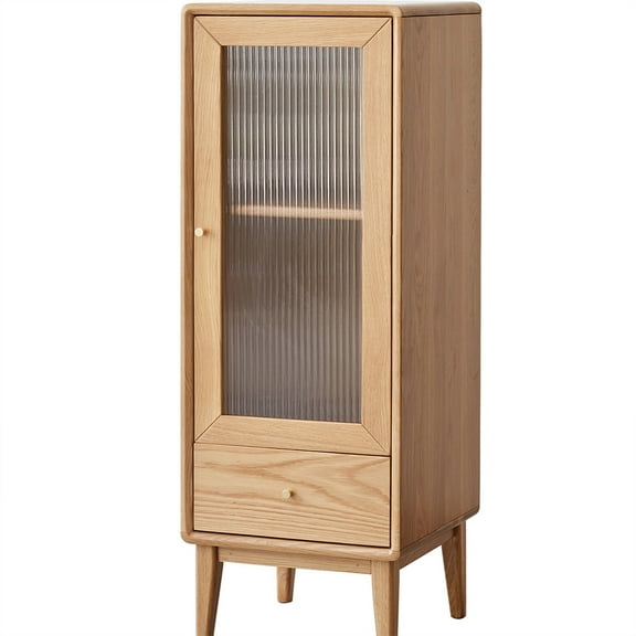 Storage Cabinet, Free Standing Corner Cabinet With Vintage Glass Door, 2 Shelves, Drawer, Brass Handle, Storage Chest For Living Room Entryway Kitchen