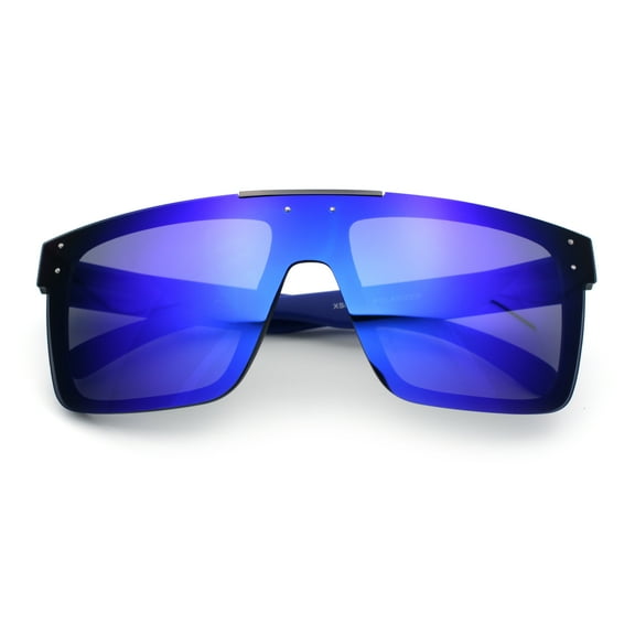 Polarized Rimless Skeleton Arm Shield Horn Rim Flat Top Plastic Sunglasses Blue - Blue Mirror