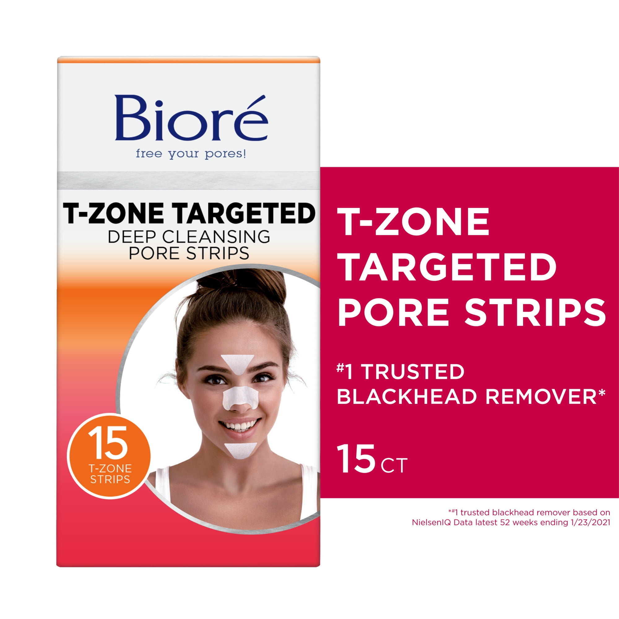 Bior T-Zone Targeted Deep Cleansing Blackhead Remover Pore Strips, 5 Nose + 5 Face + 5 Chin Strips, 15 Ct