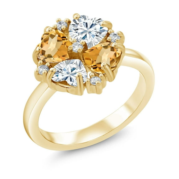 Gem Stone King 18K Yellow Gold Plated Silver Yellow Citrine and White Moissanite Ring for Women (1.84 Cttw, Heart Shape 5MM, Gemstone November Birthstone, Size 6)