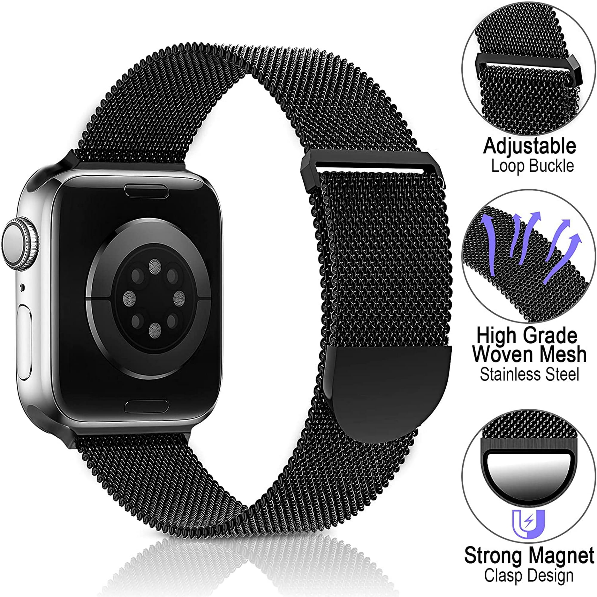 Yeegool Metal Stainless Steel Band Compatible With Apple Watch Bands 42mm 44mm 45mm black Loop Adjustable Strap Magnetic Wristband For Iwatch Series 7