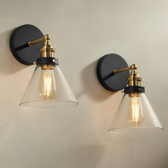 360 Lighting Burke Industrial Wall Light Sconces Set of 2 Black and Brass Hardwire 7 1/4" Fixture Clear Glass for Bathroom Hallway