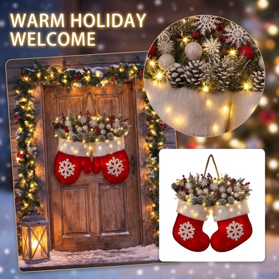 Lighted Christmas Socksing Wreath Front Door Hanging Decor, Snowflake Red Xmas Socksing Wall Ornament with Pine Cone Berries Warm Fairy Lights for Home Holiday Farmhouse Decor