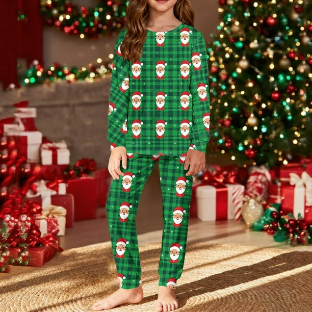 Conjuntos de blusas y camisas de cuello redondo y manga larga con estampado navideño para niños Camisa de manga larga con cuello redondo y cintura elástica Pantalones largos Conjunto de traje de casa