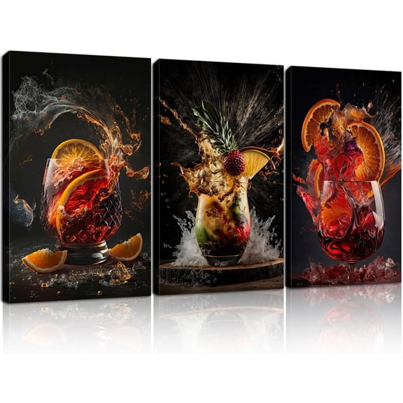 3Piece Canvas Wall Art Wrapped Canvas Cocktail Drink Posters HighDefinition Bar Art Prints, Modern Alcohol Beverage Artwork Liquor Splash Photography Pictures, Unique Bartender