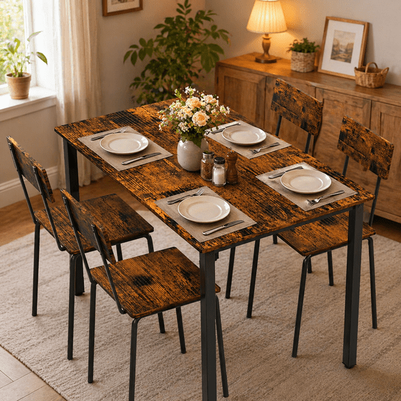YIORTWO 5-Piece Dining Table Set with 4 Wooden Chairs, MDF Tabletop with Metal Frame for Small Space, Compact Dinette, Breakfast Nook, Walnut