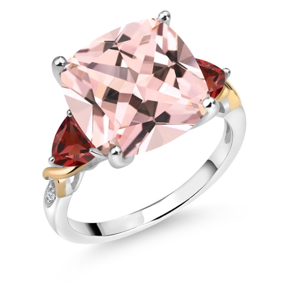 Gem Stone King 925 Silver and 10K Yellow Peach Nano Morganite and Red Garnet and Diamond Ring for Women (8.61 Cttw, 12MM Cushion and 5mm Trillion) (Size 5)