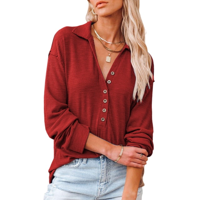 Blusa de mujer de punto con cuello vuelto y manga larga en color rojo, escote en V, estilo informal, talla XXL