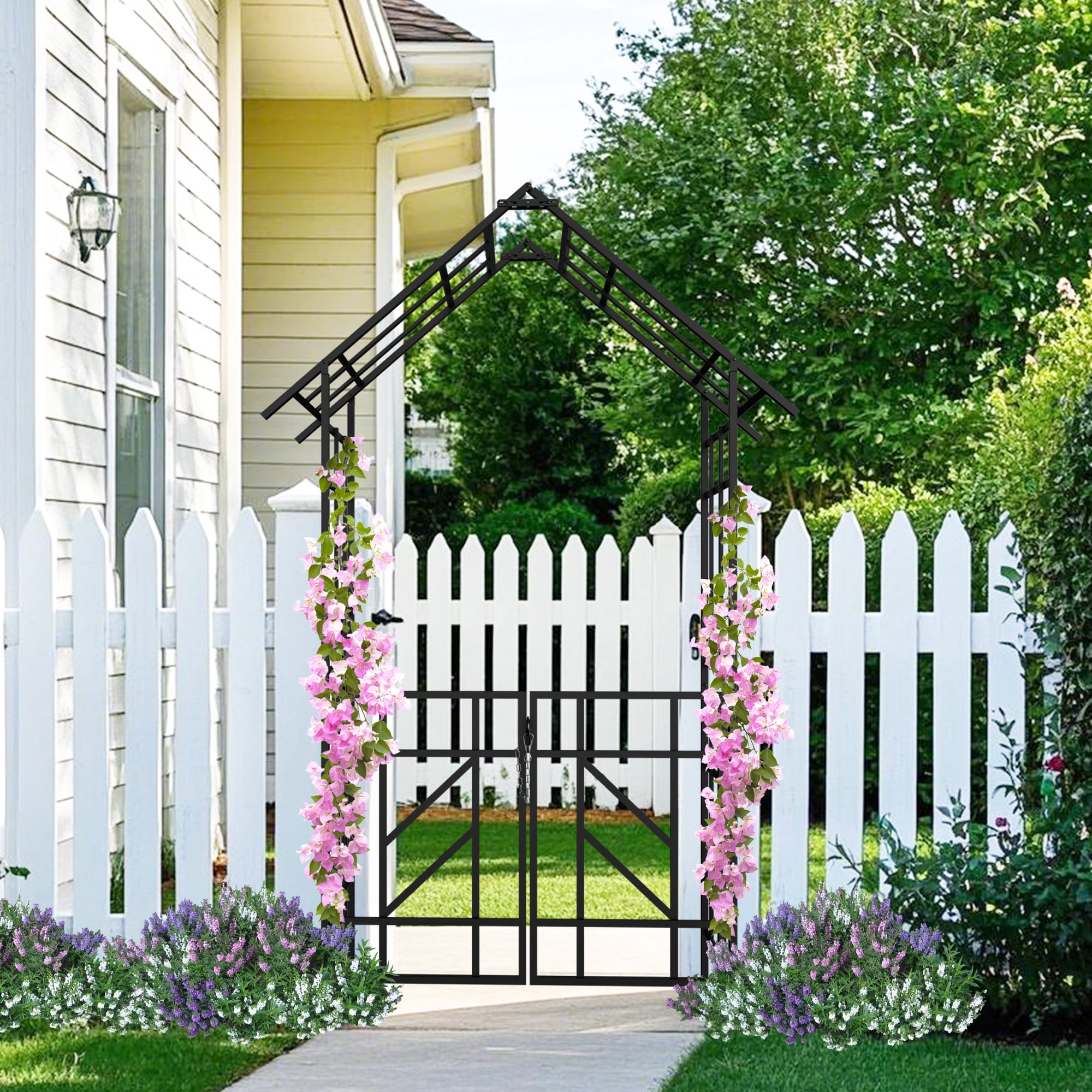 Garden Arch with Gate, Climbing Plants Support Rose Arch Outdoor Black