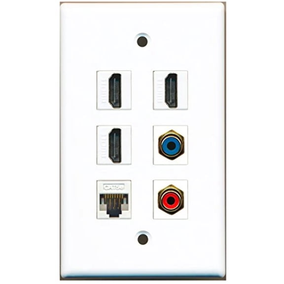 RiteAV - 3 HDMI 1 Port RCA Red 1 Port RCA Blue 1 Port Cat5e Ethernet White Wall Plate