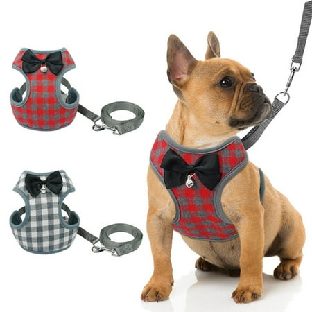 Dog Harness Leash Set Pet Cat Vest Harness with Bowknot for Small Puppy Dogs Chihuahua Yorkies Pug Red grid