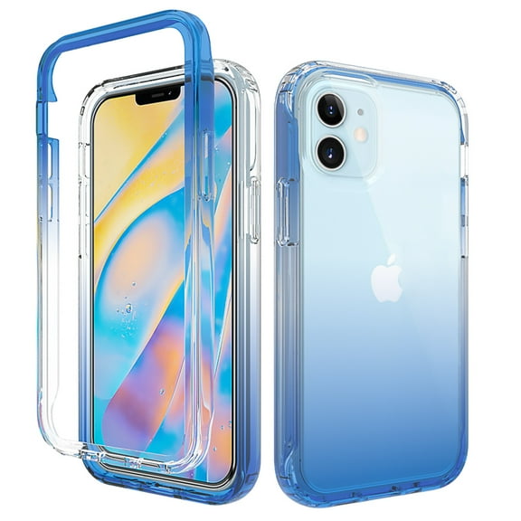 For iPhone 12 Case, iPhone 12 Pro Case Full Body Clear Bumper Protection Case [with Screen Protector] Hybrid Back Silicone Rubber TPU Bumper Gradient Phone Case For Apple iPhone 12/12 Pro - Blue