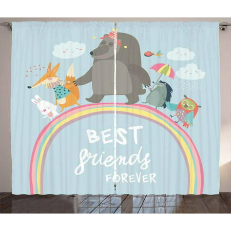 Kids Girls Curtains 2 Panels Set, Best Friends Forever Quote with Happy Animals Walking on Rainbow Bear Fox Rabbit, Window Drapes for Living Room Bedroom, 108W X 84L Inches, Multicolor, by