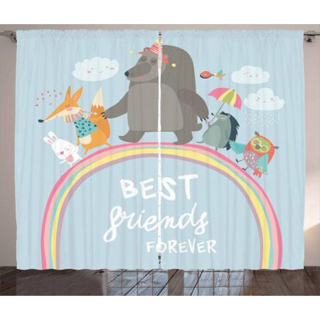 Kids Girls Curtains 2 Panels Set, Best Friends Forever Quote with Happy Animals Walking on Rainbow Bear Fox Rabbit, Window Drapes for Living Room Bedroom, 108W X 108L Inches, Multicolor, by