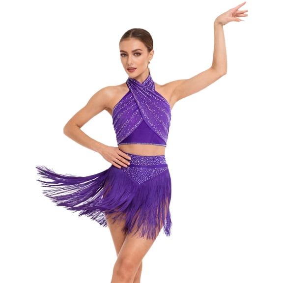 Aislor Women's 2 Piece Salsa Samba Ballroom Latin Dance Outfits Shiny Crop Top with Fringe Skirt Purple XXL