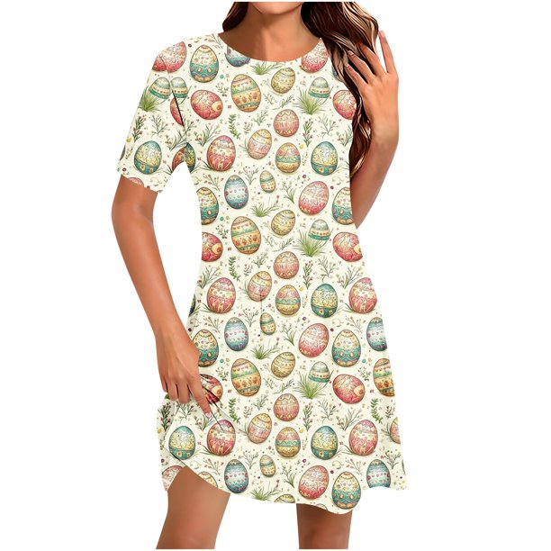 Vestido Corto para las Mujeres Cuello Redondo Manga Corta Impresa Suéter, Moda Casual Estilo Línea