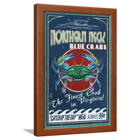 Northern Neck, Virginia - Blue Crab Vintage Sign Framed Print Wall Art By Lantern