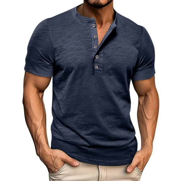 Men's Henley Lightweight Short Sleeve T-Shirt Casual Summer Solid Color Button Cotton Shirt