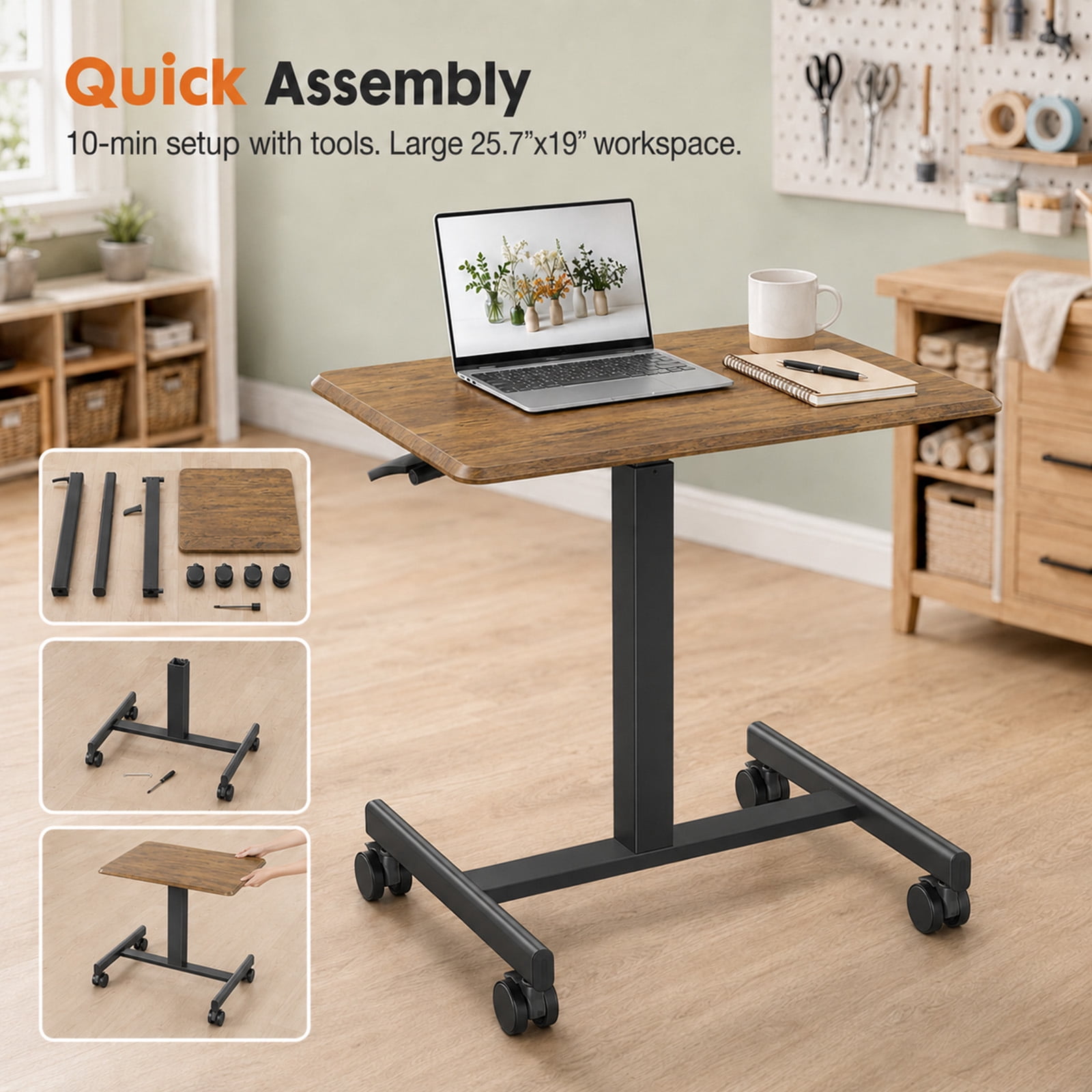 Alvantor Mobile Rolling Desk with Wheels Adjustable Height, Portable Rolling Laptop Desk with 2 Lockable Wheels, Adjustable Height Computer Workstation for Home Office