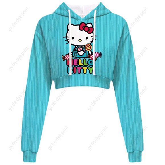 Women Cropped Hoodie Sweatshirt Pullover Autumn Winter Hello Kitty Print Long Sleeve Slim Sexy Short Dewy Hoodie S-3XL HOEMLIN