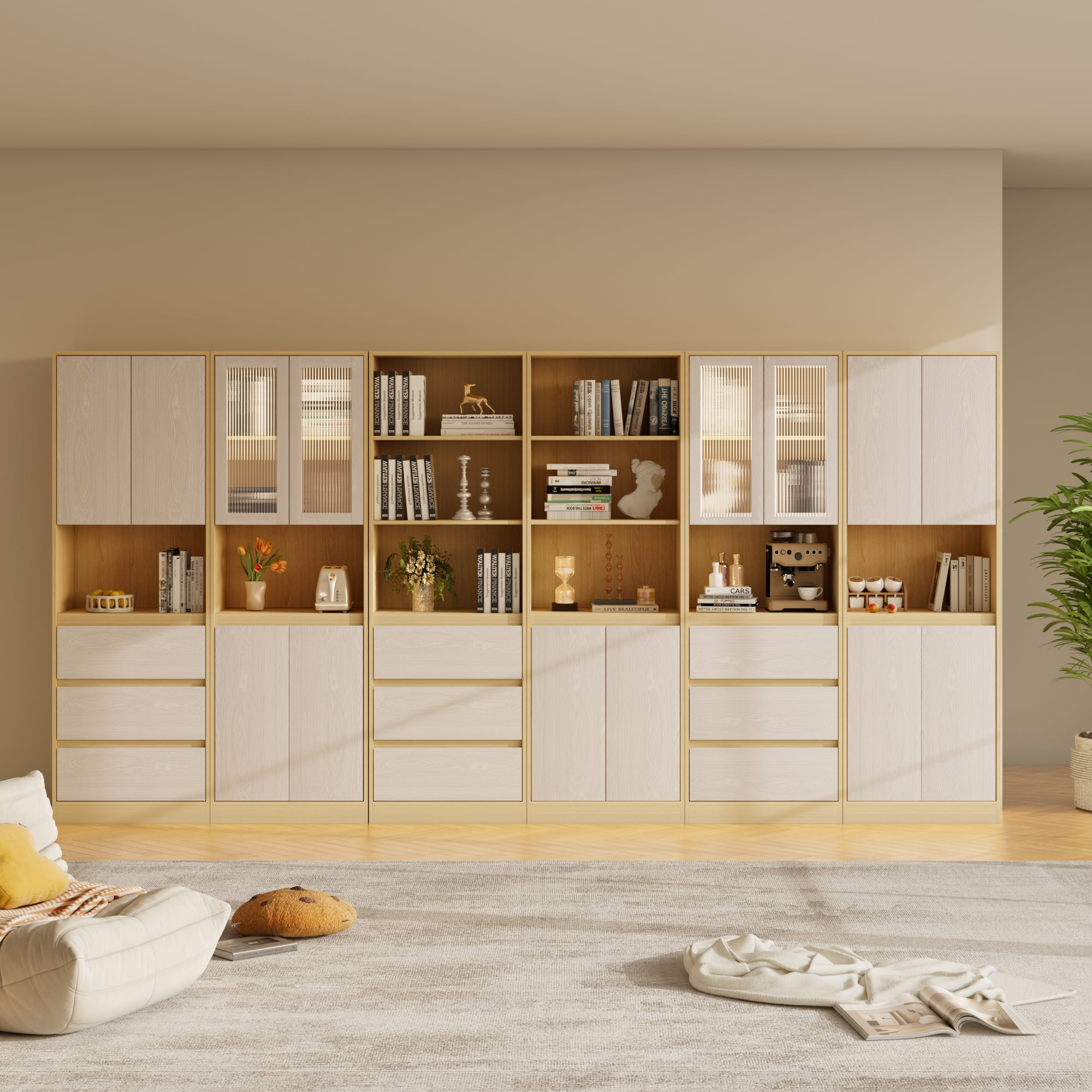 RichYa 71"H Tall Entryway Bookcase with Doors,Storage Cabinet with Open Shelf,3 Tier Bookshelf for Living Room,Entryway,Wood