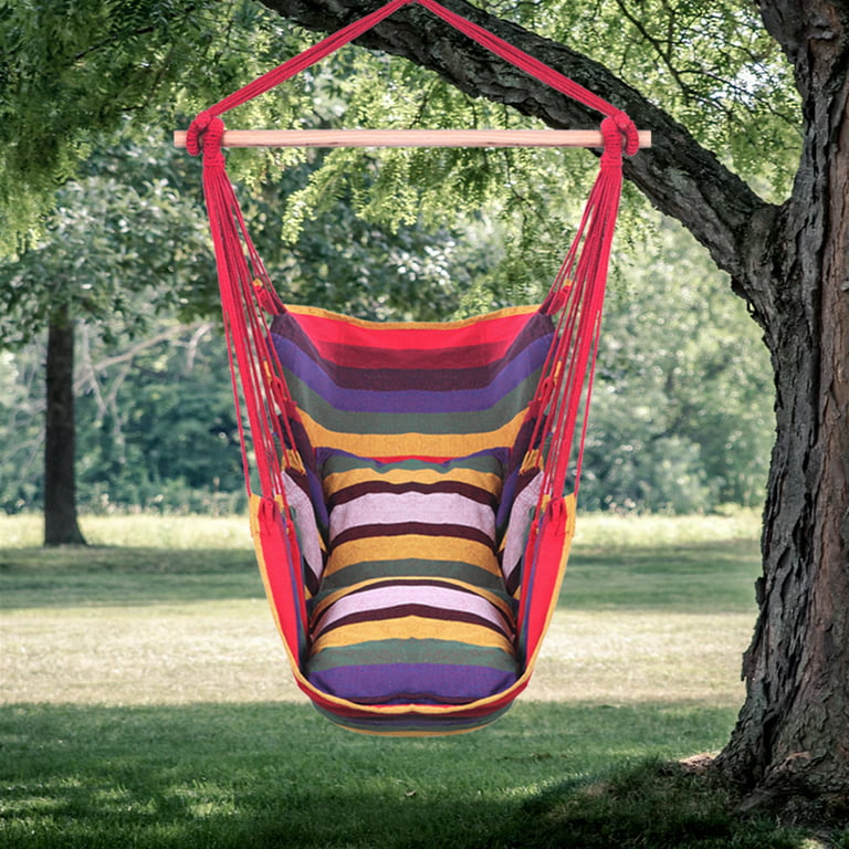 Hammock Chair Hanging Rope Swing, Hammock Chair Swing Seat with 2 Soft Seat Cushions, Large Hanging Swing Chair, 250 lbs Weight Capacity, Perfect for