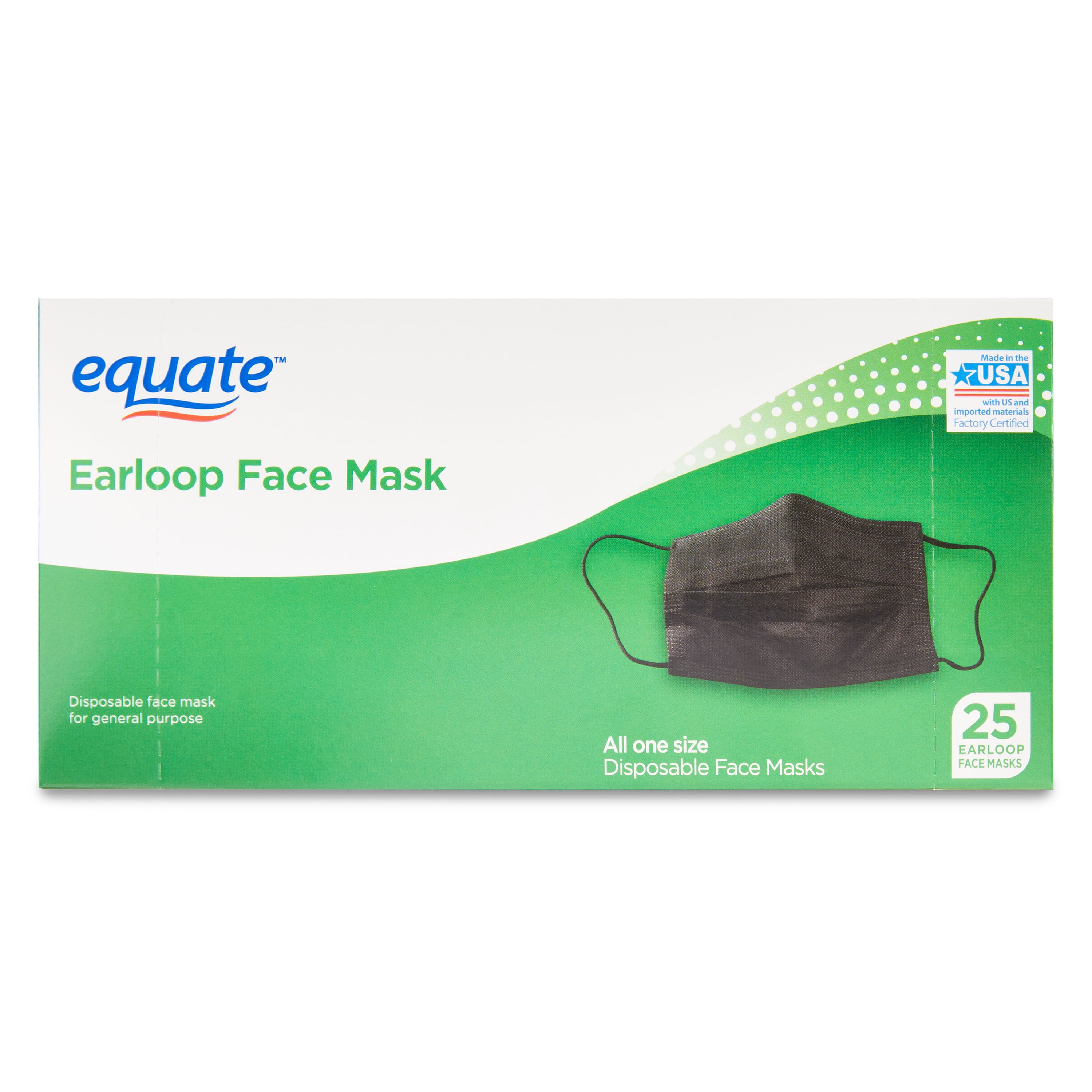 Equate Earloop Disposable Face Masks, Black, 25 Count