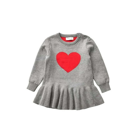 

Frobukio Kids Baby Girls Knitted Sweater Dress Valentine s Day Love Heart Print Long Sleeves Fall Princess Dress Gray 2-3 Years