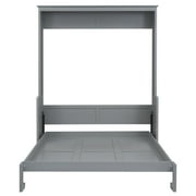Euroco Queen Size Murphy Bed with Desk and Shelves, Convertible Wall Bed into Cabinet for Living Room, Easy Open and Close, Gray