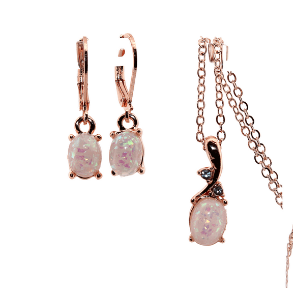 Oval White Opal Rose Gold Earring/Necklace Set 246