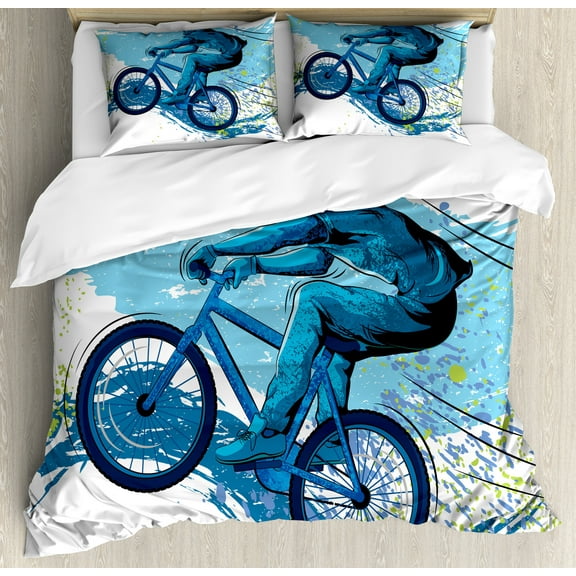 Ambesonne Sports Duvet Cover Set, Bicyclist Color Splashes, King, Blue Aqua Pale Green