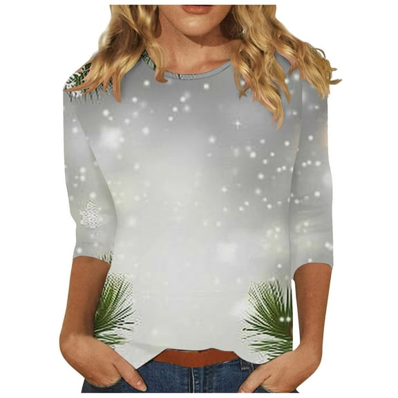 Aimik Christmas Shirts for Women 2025 3/4 Length Sleeve Cute Print Funny Versatile Loose with Round Neck Tunic Tops-White S