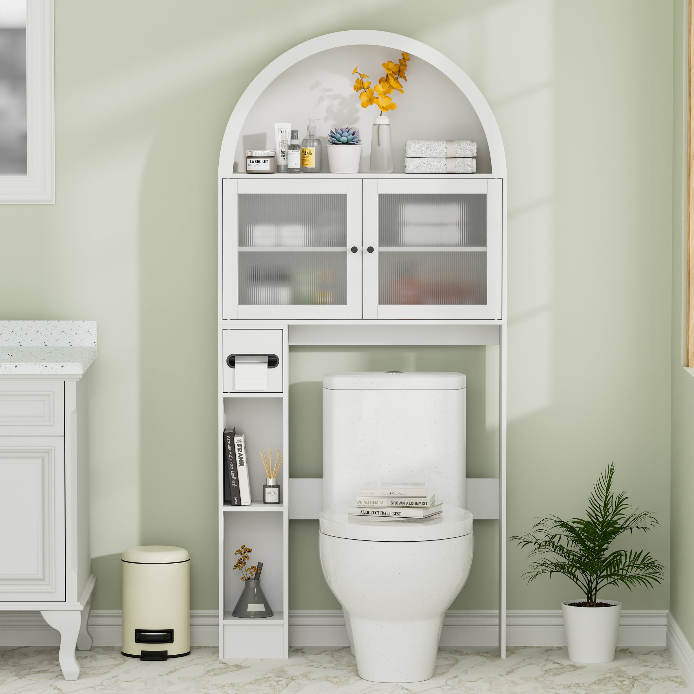 Over The Toilet Storage Cabinet, Over Toilet Cabinet 3-Tier Adjustable Shelves with Acrylic Doors, Freestanding Bathroom Organizer for Toiletries & Towels, Modern Arched Design White