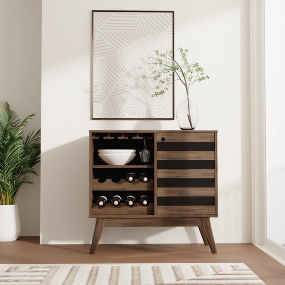 Simpli Home Clarkson 12-Bottle SOLID ACACIA WOOD 39 inch Wide Mid Century Wine Cabinet in Rustic Natural Aged Brown