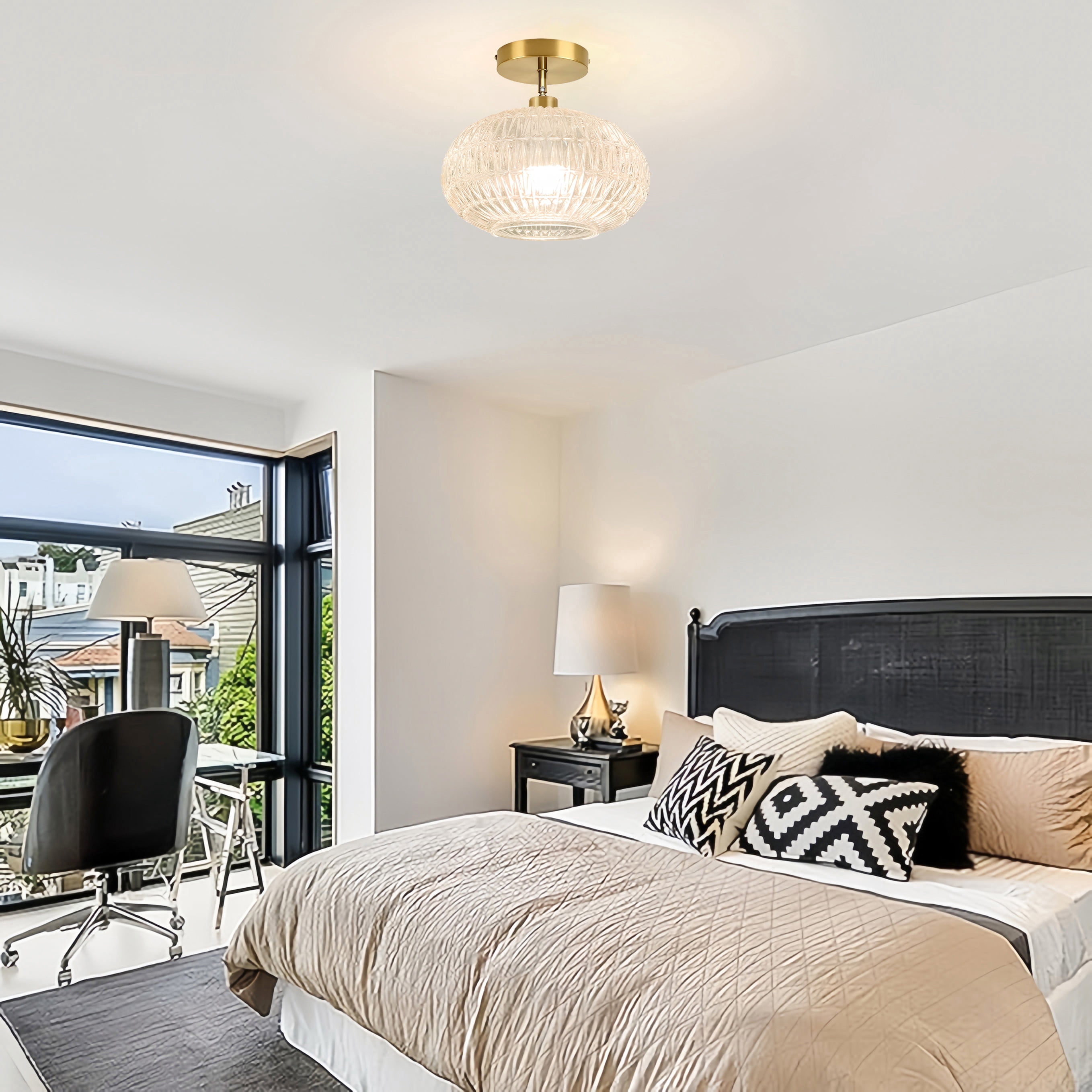 Gold Semi Flush Mount Ceiling Light Fixture,Hallway Light Fixtures,Industrial Close to Ceiling Mount,Globe Glass Ceiling Fixture,Vintage Ceiling Lamp,Farmhouse Lighting for Bathroom