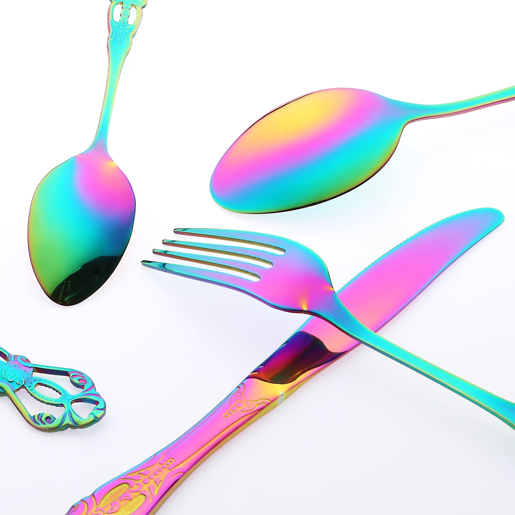 Unique Bargains 24 Pcs Silverware Set Stainless Steel Floral Flatware Set Colorful