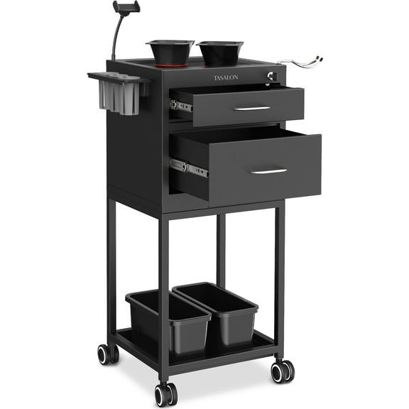 TASALON New Upgrade Salon Metal Trolley Cart for Salon Station - Space Saving Salon Rolling Cart with 2 Magnetic Bowls– Beauty Cart, Tattoo Cart, Hair Cart for Hair Stylist Multipurpose Cart