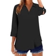 thumbnail image 5 of Womens 3/4 Sleeve Tops V Neck Cotton Linen Lightweight Casual Lapel Collared Shirts for Women with Button Cuffs (L, Black), 5 of 6